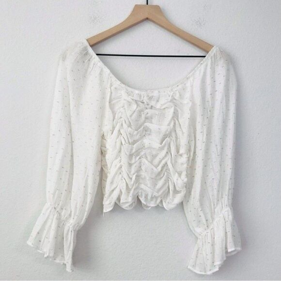 New! ZARA Bohemian Peasant Balloon Sleeve Swiss Dot Ruched Cropped Blouse Top - Picture 2 of 9